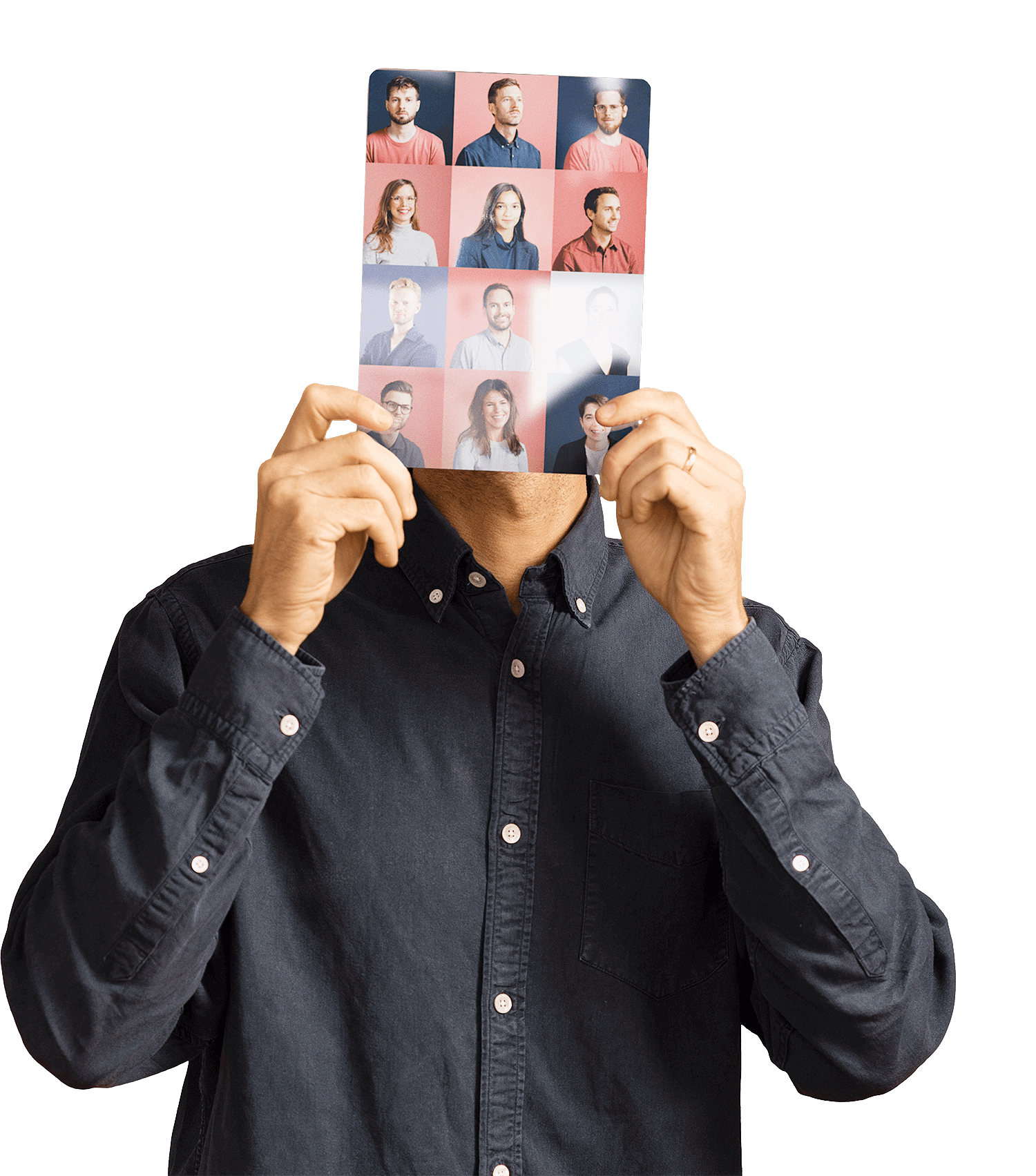A person holding up a picture of employees