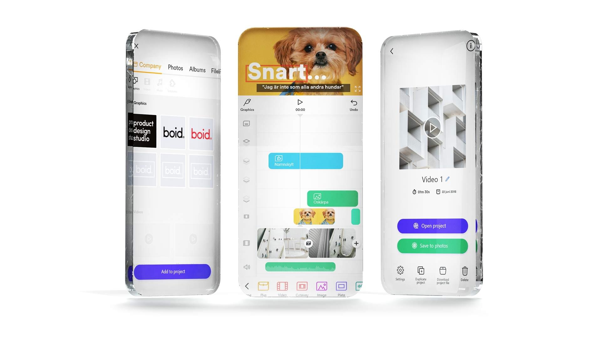 Smartphone-like prototypes showing Clipsk's Videoapp web application for journalists in three different views.