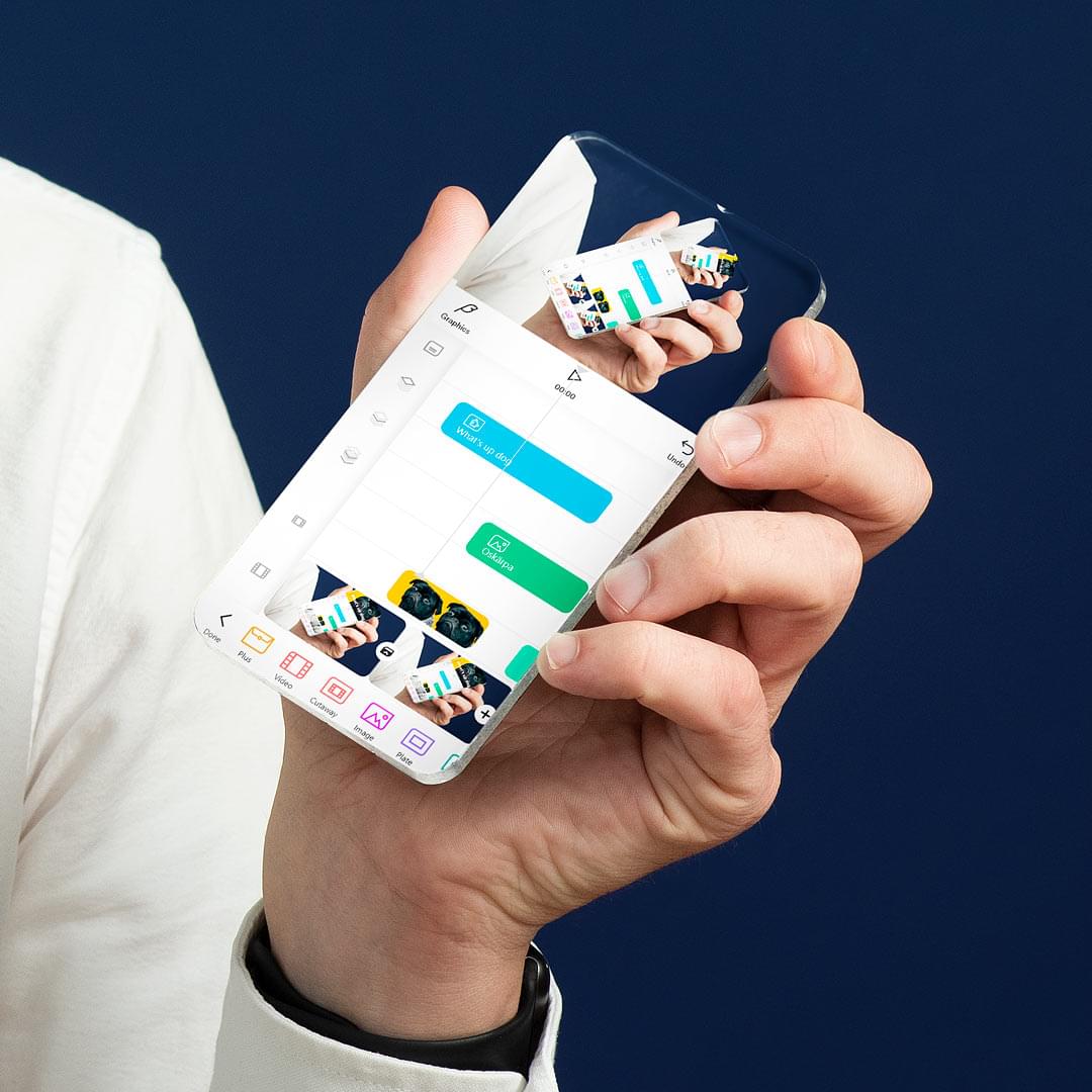 Hand holding a smartphone-like prototype showing Clipsk's Videoapp web application for journalists.
