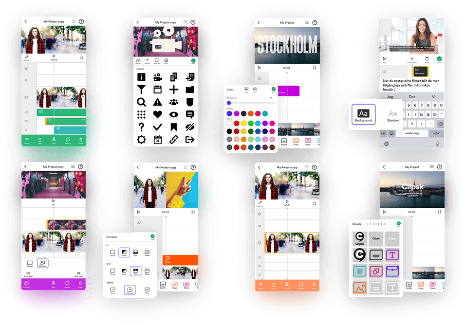 Various views showing Clipsk's Videoapp web application for journalists.