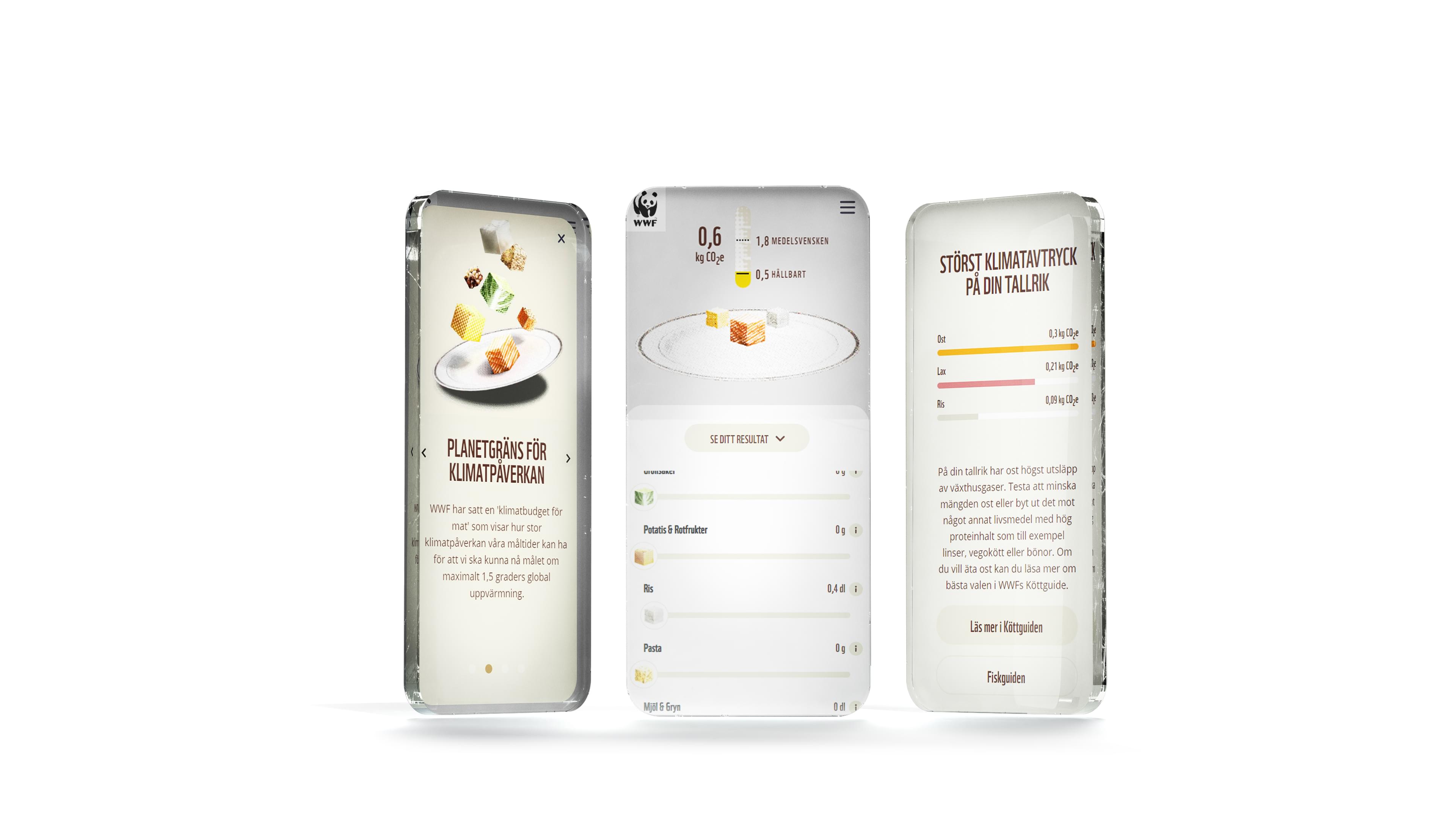 Smartphone-like prototypes showing the WWF food calculator web application in three different views.