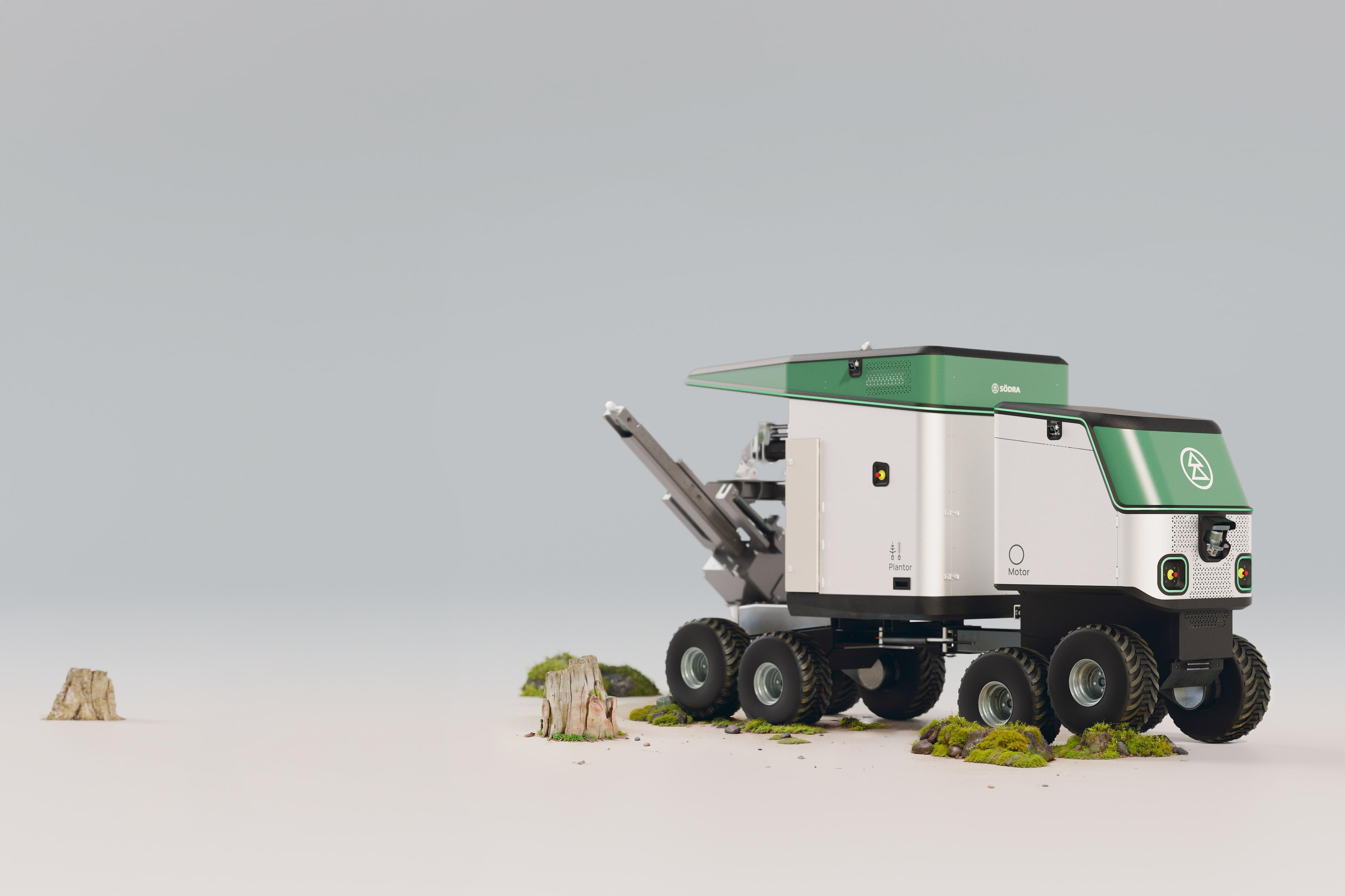 Realistic visualization of the planting robot as it drives over moss and stones.