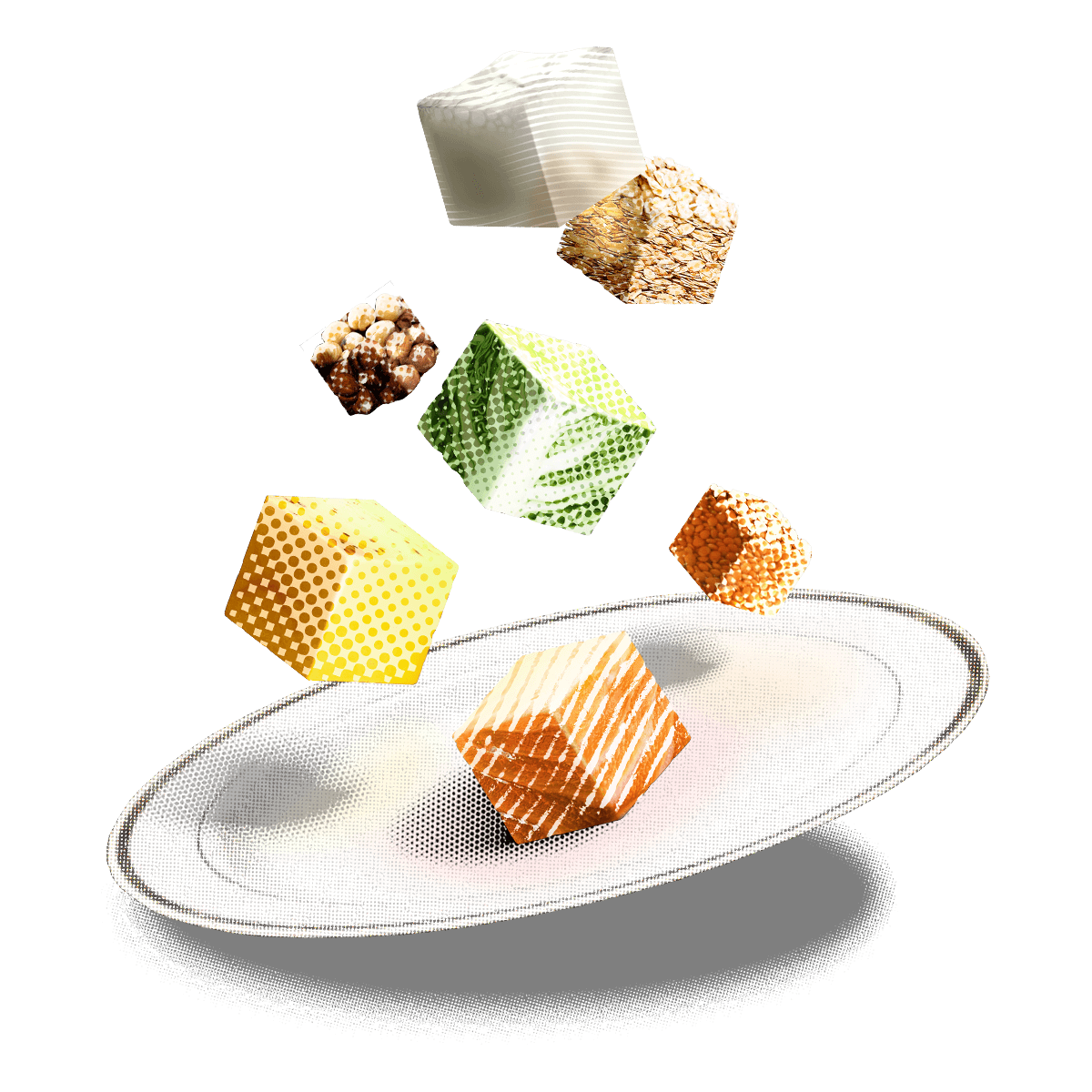 Illustrated cubes that look like raw materials.